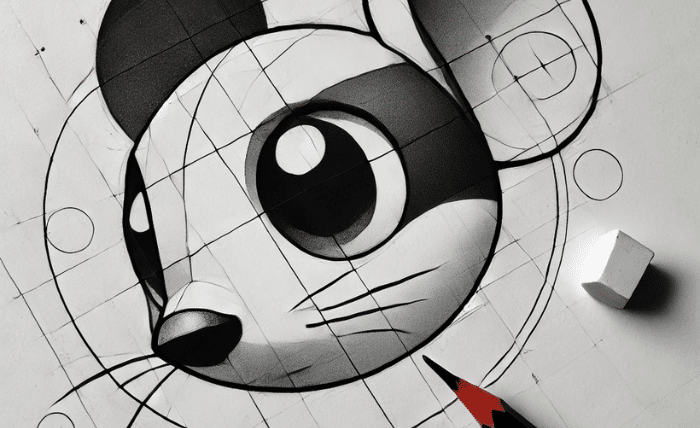 Use the guidelines to draw Mickey’s large oval-shaped eyes